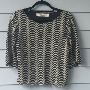 Emmelee Black and Champagne Sequin Scallop Hem Blouse